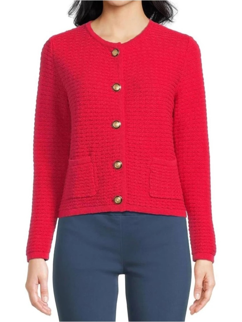 Red Geo stitch Button-Front Lady Cardigan